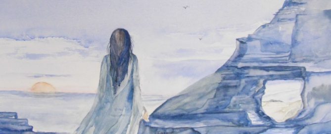 Watercolor of a woman walking by a rocky shore