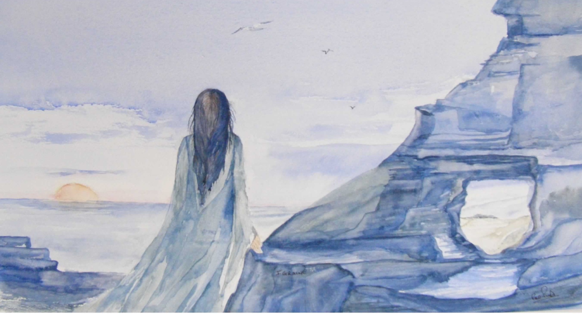 Watercolor of a woman walking by a rocky shore