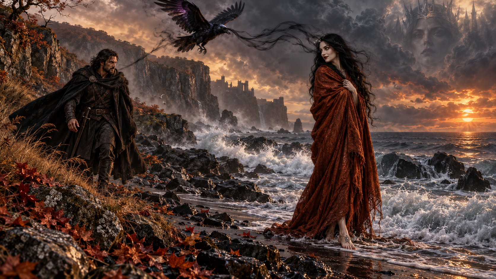 A woman in a red cloak stands at sunset as a raven flies overhead.