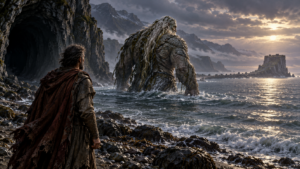 King Casmadian of Gol watches as the stone Cragga giant wades leaves his cave and wades out into the ocean.