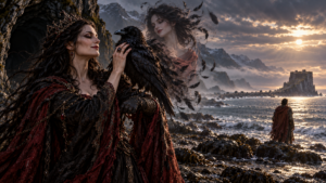 Queen Saralan pets her raven, Toozling who-disguised as Ravenna the lost maiden- hooked her prey, King Casmadian.